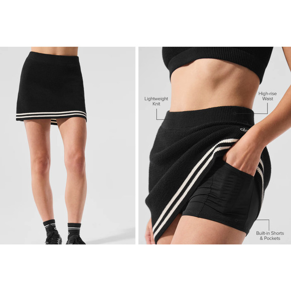 ALO Pants - ALO Yoga Tennis Club Sweater Knit Skirt Skort in Black/Ivory Size XXS